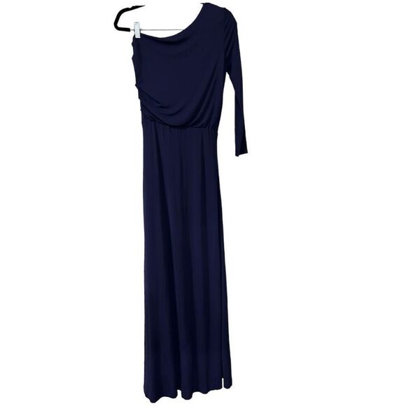 Halston Heritage Navy Blue Asymmetrical Drape Single Sleeve Maxi Dress Size XS - Picture 2 of 6